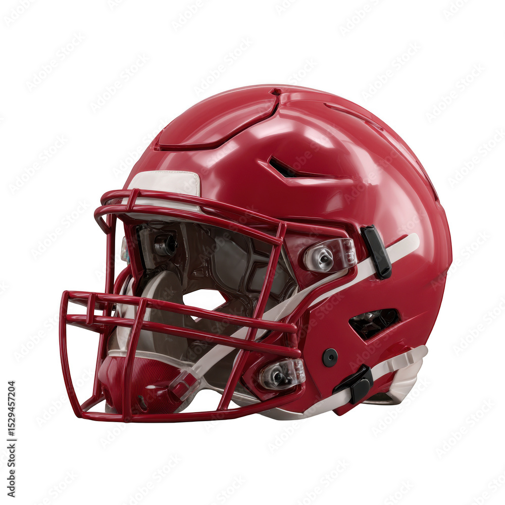 Fototapeta premium A detailed close up of a shiny red football helmet with a white stripe on a black background