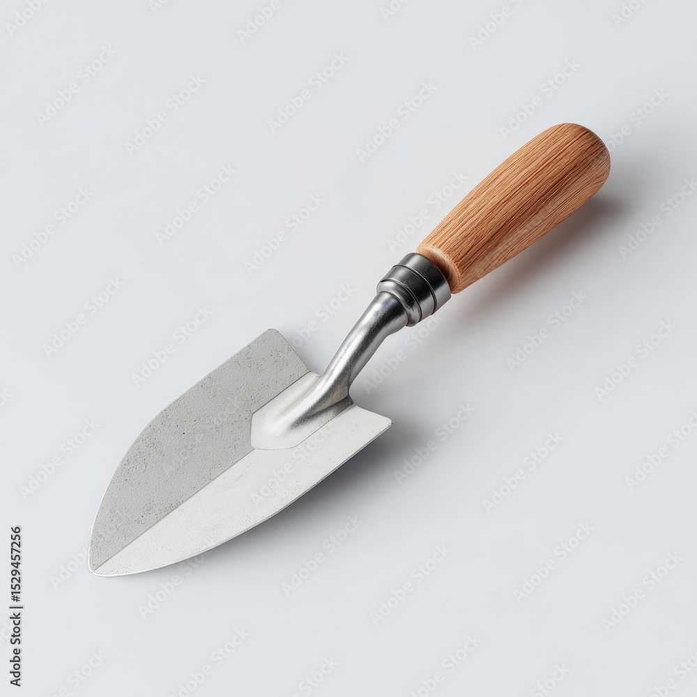 Small trowel with light brown wooden handle. Metal blade Small trowel with light brown wooden handle. Metal blade