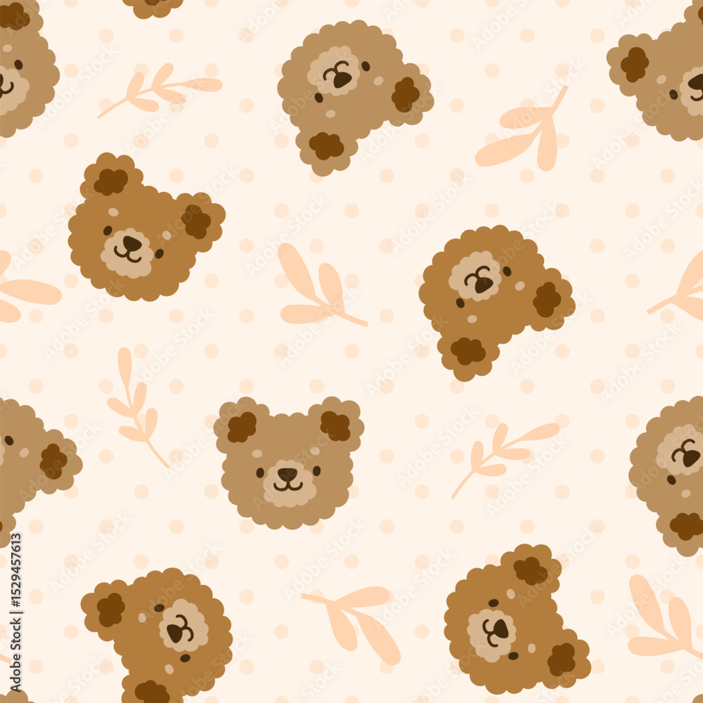 Obraz premium Cute hand-drawn brown and beige teddy bear on a pastel peach neutral background with polka dot texture and leaves. Forest seamless pattern.