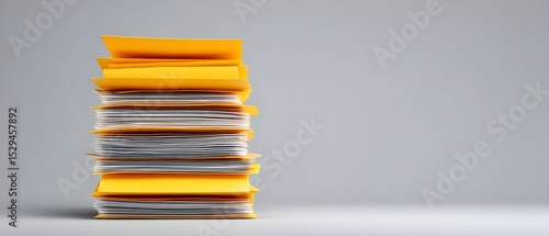 Stacked yellow folders and documents on a gray background