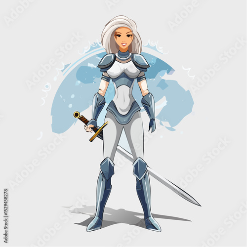 Vector artwork of a fantasy warrior woman with a strong, curvy body in stylized armor, standing with a sword and a glowing background — T-shirt design for fans of fantasy