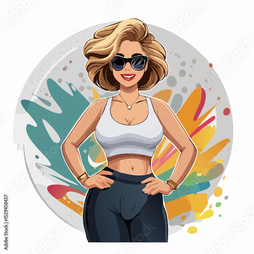 Vector illustration of a confident cartoon woman with curvy figure, wearing a stylish crop top and sunglasses, standing with a bold pose and street art background
