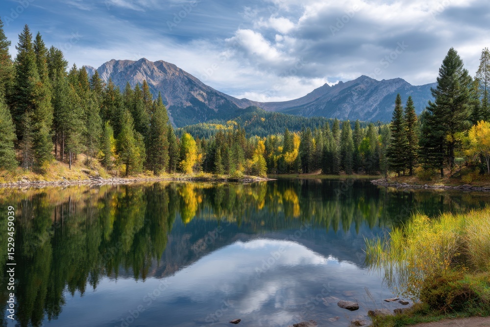 Fototapeta premium Mountain lake reflection scenic view on white background