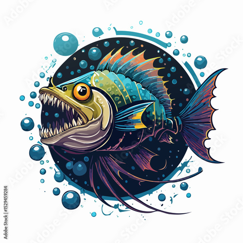 3D vector design of a menacing deep-sea anglerfish with glowing lure and sharp fangs, surrounded by bubbles and darkness — intense and mysterious T-shirt art