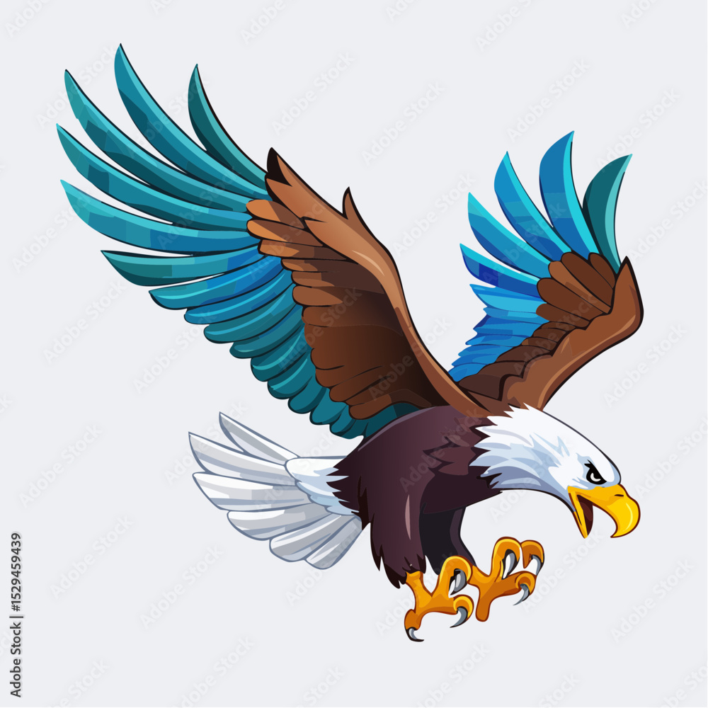 Obraz premium 3D vector image of an eagle diving with talons outstretched, hyper-stylized feathers and dynamic pose, ideal for patriotic or athletic T-shirt design