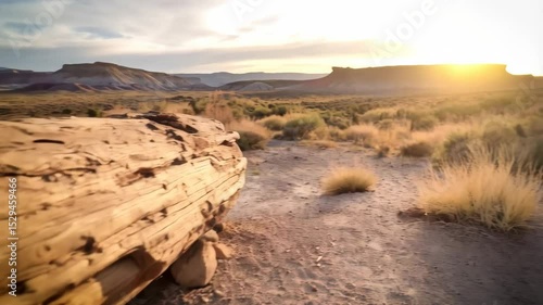 Petrified log lies in arid, desert landscape with distant mesas under a partly cloudy sky at sunset, showing signs of mineralized wood grain details.