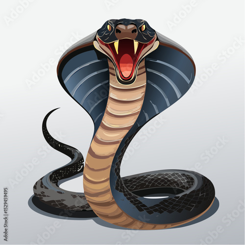 3D vector design of a cobra with flared hood and fangs exposed, coiled in attack position, with glossy texture and shadow depth for a dramatic T-shirt design