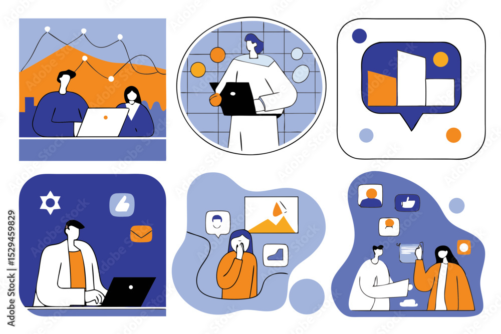 Fototapeta premium man and woman business and work meetings with results and graphic charts and social media tools