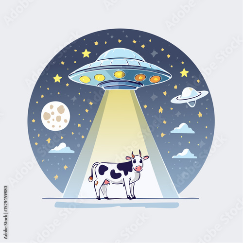 Flat vector art of a UFO abducting a cow at night in a surreal space scene, with moonlight and stars — perfect for a quirky T-shirt print