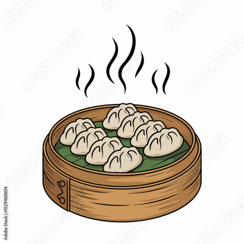 Steamed Gyoza Dumplings in Bamboo Basket Illustration