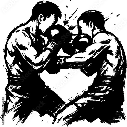 Dynamic Boxing Match Punch Impact - Black and White Vector Illustration