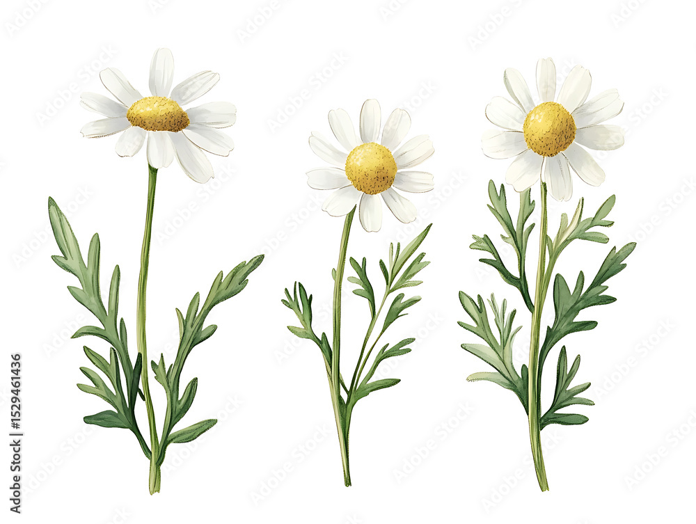 Three white daisies botanical illustration isolated on transparent background Three white daisies botanical illustration isolated on transparent background