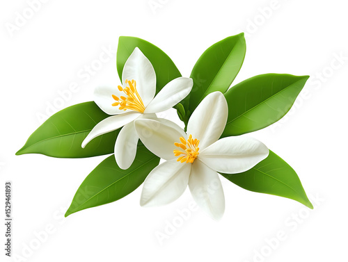 Two orange blossoms with leaves isolated on transparent background