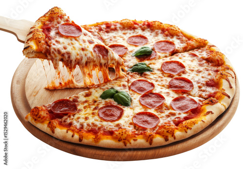 Pepperoni pizza slice being lifted with stringy melted cheese over wooden pizza board