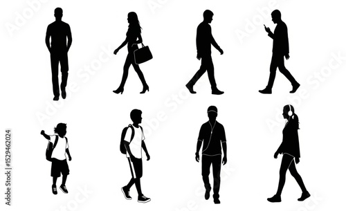 Silhouetted Crowd of Diverse Walking People | Black and White Vector Set of Men, Women and Children Walking, Ideal for Architectural Visualization and Urban Planning