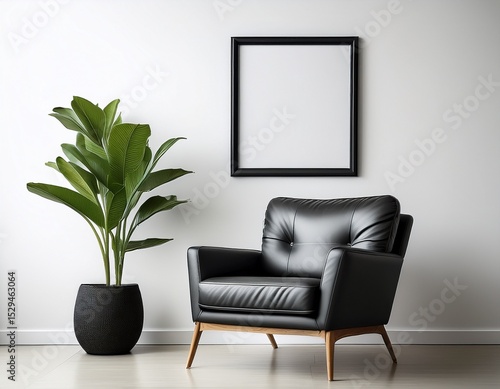 black leather chair with plant and frame against white wall in a modern interior design