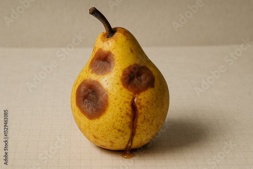 Food spoilage in Pyrus communis exhibiting enzymatic browning, tissue collapse, exudate leakage, and severe degradation under poor postharvest storage and temperature control

