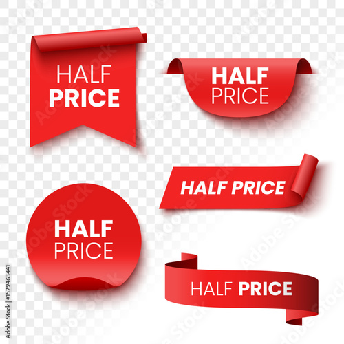 Half price sale banners. Red ribbons, tags and stickers. Vector illustration.