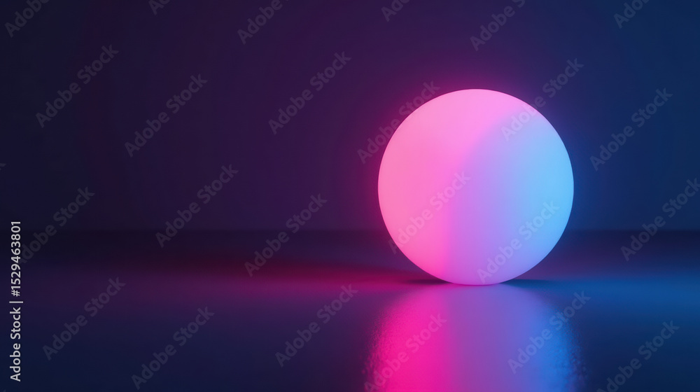 Glowing sphere with gradient of pink and blue light, casting reflections on smooth surface, creates serene atmosphere Glowing sphere with gradient of pink and blue light, casting reflections on smooth surface, creates serene atmosphere