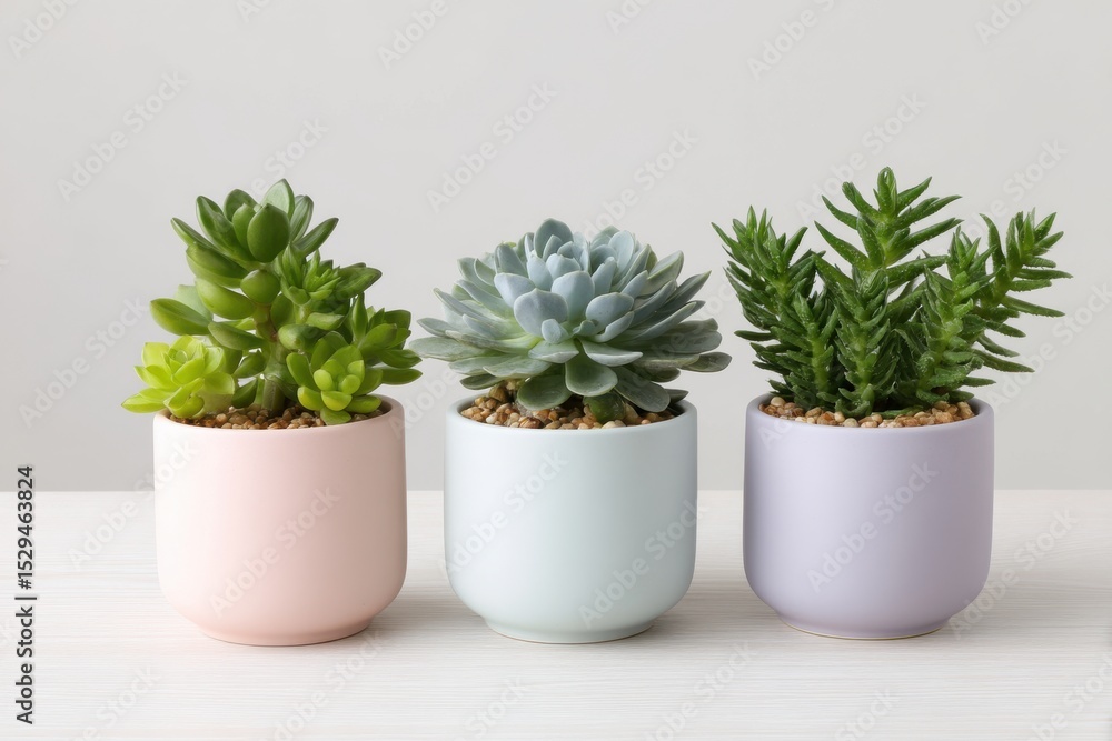 Fototapeta premium Succulent plants in pots still life on white background