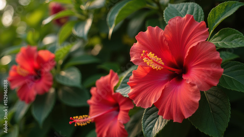 Vibrant red hibiscus flowers bloom amidst lush green leaves, creating stunning natural display that evokes sense of tranquility and beauty