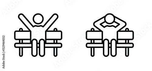 Man stretching or sitting relaxed on a bench. Sits or hangs on a bench in the park or forest. Cartoon woke up and stretched icon. Stickman, stick figure man sign. Sleeping concept. 
