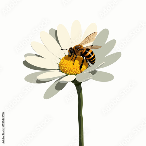 Bee collecting pollen on a daisy flower in bright colors  