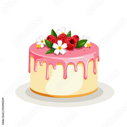 Colorful cake with pink frosting and fresh flowers on top  