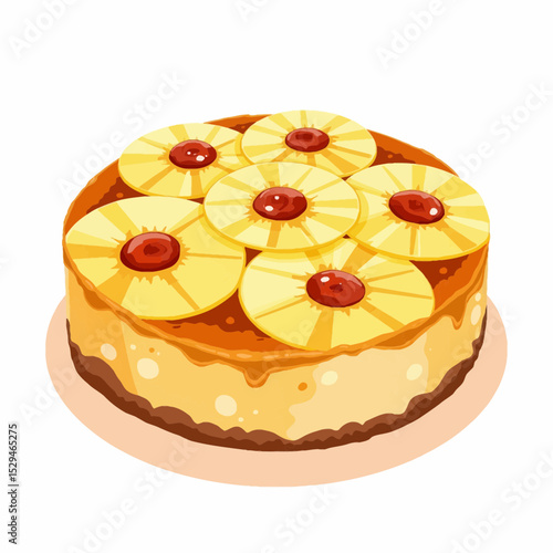 Pineapple upside-down cake decorated with cherries and slices on plate  