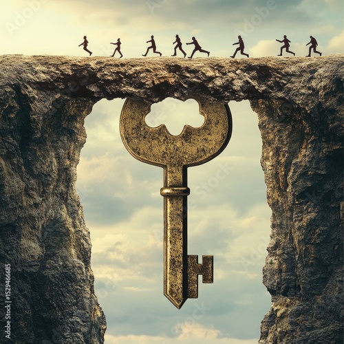 People running across a chasm, a large key spanning the gap