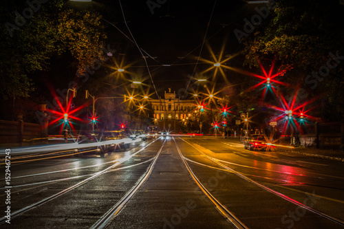 Lights of the night traffic in city of Munich, view towards the Maximilianeum, seat of the Bavarian government in Munich