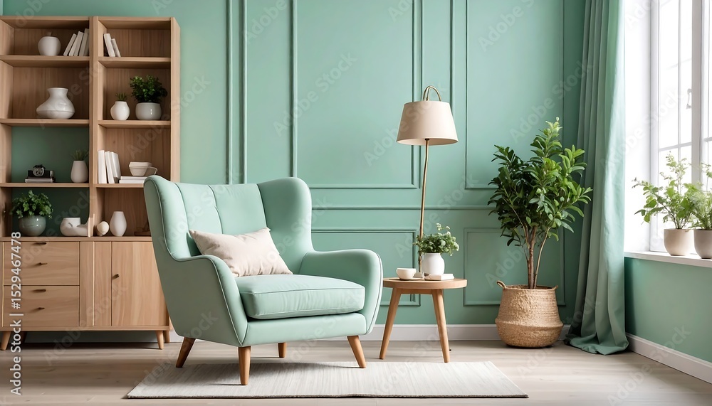 Fototapeta premium Mint green armchair living room.