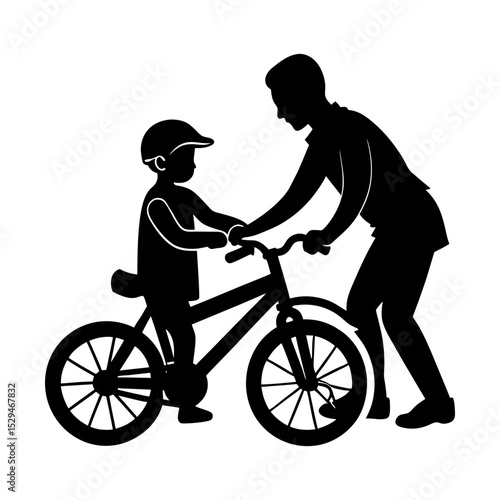 Father teaches child to ride bicycle vector silhouette