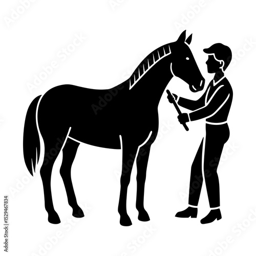 Illustration of horse grooming with person silhouette