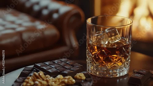 Crystal Glass of Golden Whiskey with Ice Dark Chocolate and Walnuts Near Warm Fireplace and Leather Chair