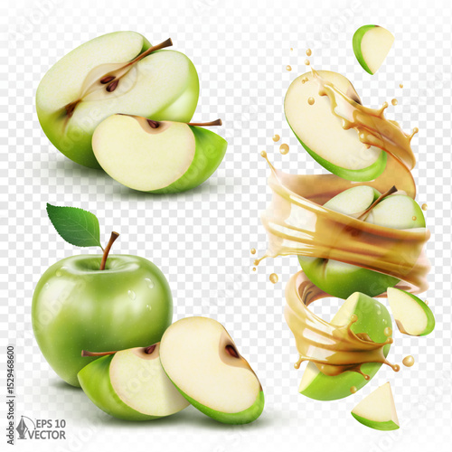 Realistic set of ripe green apples isolated on white background. Vector transparent swirl splash of juice with falling pieces of fruits inside. Food illustrations for packaging design