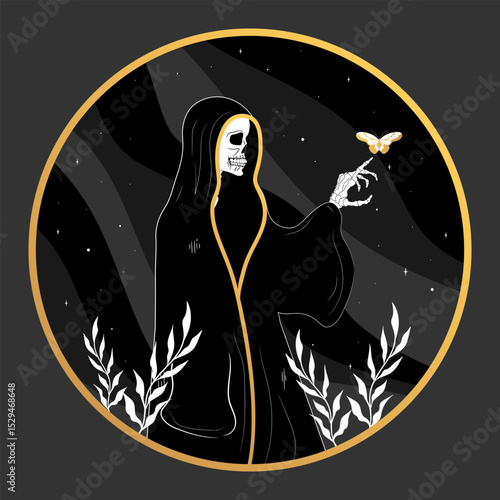 Death skeleton in a cassock emblem. Mystery, astrology, esoteric. Vector illustration