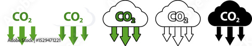 Carbon dioxide icons with arrows in different styles showing emission or absorption concept