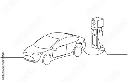 Electric car and charging stations in continuous one line drawing, Continuous one line drawing Electric car at charging station. Electric car concept. Single line draw design editable vector.