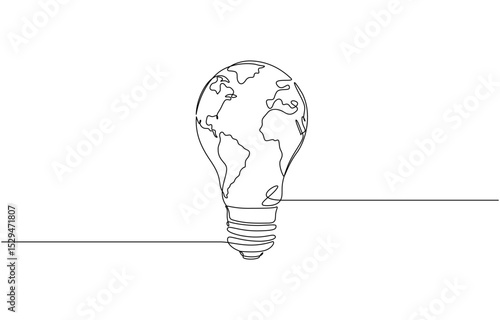 Continuous line drawing of light bulb with Earth globe inside, Earth globe inside lightbulb in one continuous line drawing. Vector Concept of Eco innovation, simple doodle style. Editable stroke.