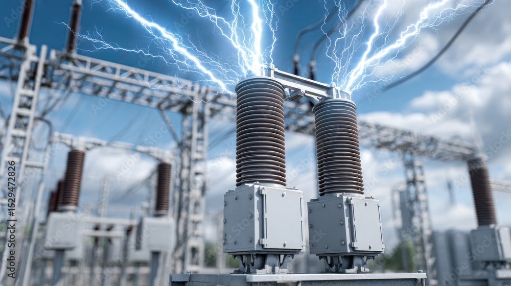 Fototapeta premium Electrical substation equipment with lightning strikes, high-voltage apparatus at power plant during storm.