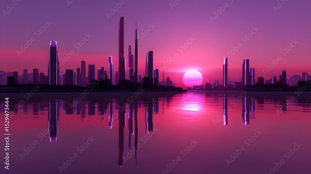 Fototapeta premium A vibrant, futuristic city skyline reflecting in the calm waters at sunset, creating a serene and visually striking scene.