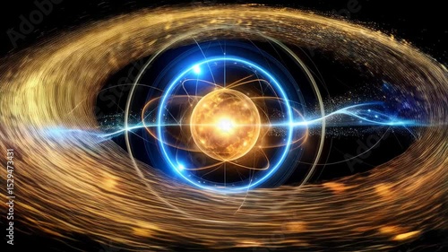 Energetic atom core surrounded by spinning universe and particle beams, a vibrant depiction of atomic energy and quantum physics.