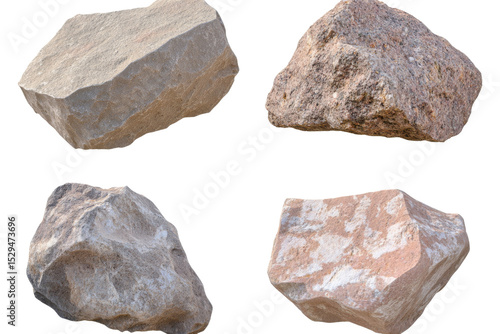 Assortment of four beige rocks in various shapes and sizes on a transparent background.
