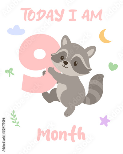 Milestone raccoon illustration. baby nine month celebration. cute monthly milestone art