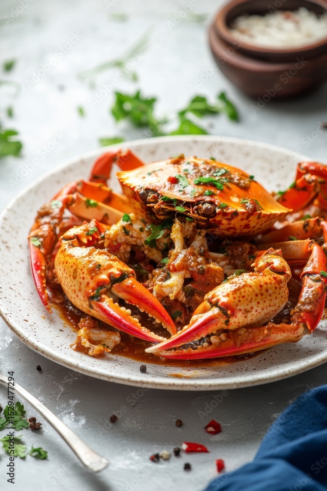 Freshly Cooked Spicy Crab Dish Served on Rustic Plate Freshly Cooked Spicy Crab Dish Served on Rustic Plate
