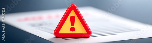 A red and yellow triangular warning sign with an exclamation mark stands prominently on a blurred document background.