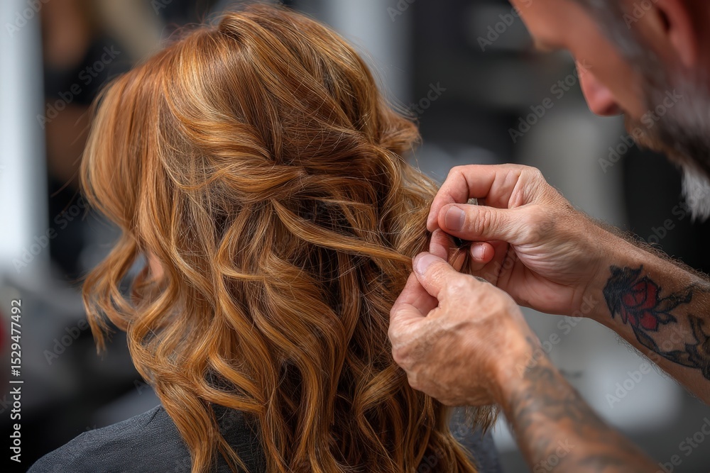 Fototapeta premium A woman is having her hair styled by a skilled hairdresser