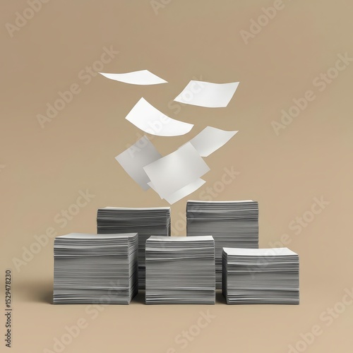 Flying and stacked white paper sheets in neutral tones representing organization ai generated images ai generative