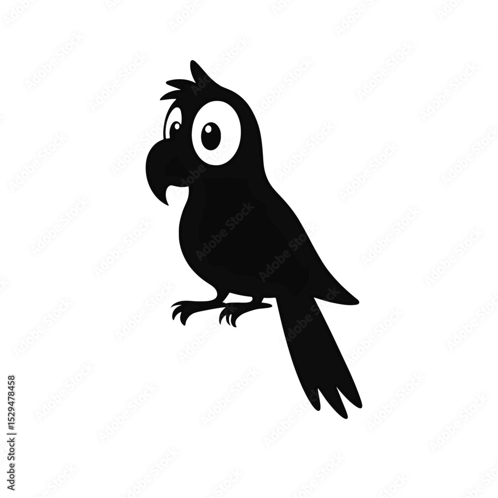 Fototapeta premium Minimalist Cartoon Parrot Black Silhouette Vector with Big Eyes and Curved Beak on White Background
